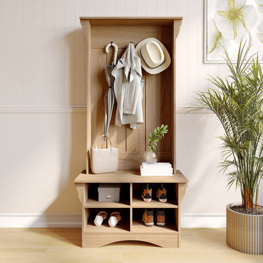 Paisley 31.5" Wide Hall Tree with Bench, 3 Single Storage Hooks, and 4 Lower Storage Cubbies with Adjustable Shelves in Weathered Wood Weathered Natural