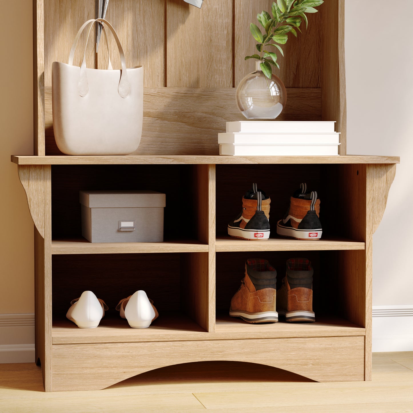 Paisley 31.5" Wide Hall Tree with Bench, 3 Single Storage Hooks, and 4 Lower Storage Cubbies with Adjustable Shelves in Weathered Wood Weathered Natural