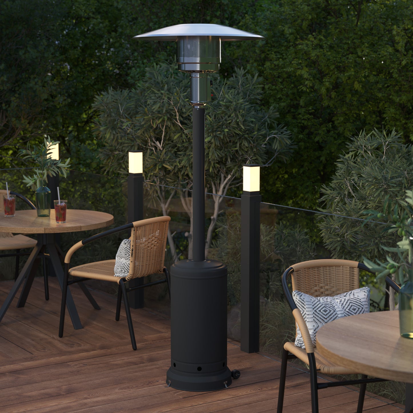 Sol Patio Outdoor Heating-Black Stainless Steel 40,000 BTU Propane Heater with Wheels-Commercial & Residential Use-7.5 Feet Tall Black