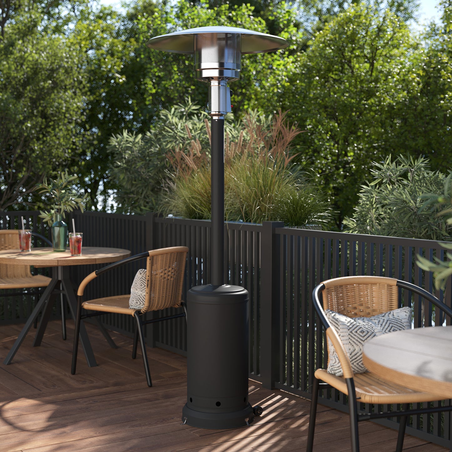 Sol Patio Outdoor Heating-Black Stainless Steel 40,000 BTU Propane Heater with Wheels-Commercial & Residential Use-7.5 Feet Tall Black