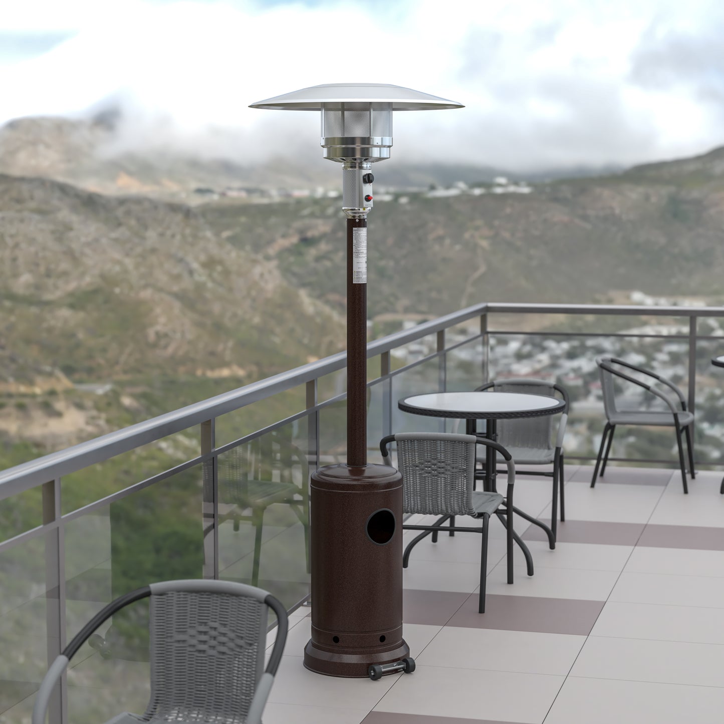 Sol Patio Outdoor Heating-Bronze Stainless Steel 40,000 BTU Propane Heater with Wheels-Commercial & Residential Use-7.5 Feet Tall Bronze