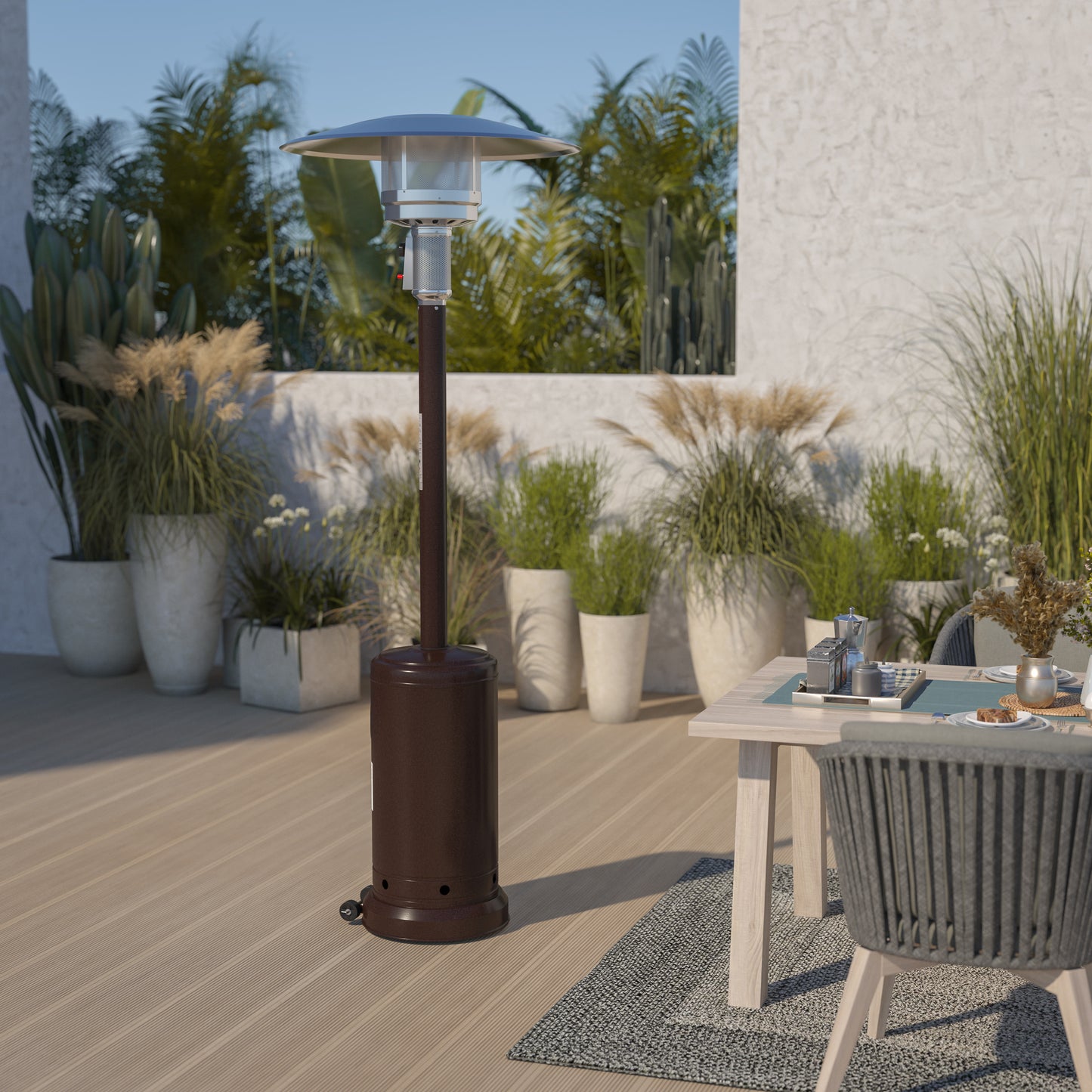 Sol Patio Outdoor Heating-Bronze Stainless Steel 40,000 BTU Propane Heater with Wheels-Commercial & Residential Use-7.5 Feet Tall Bronze
