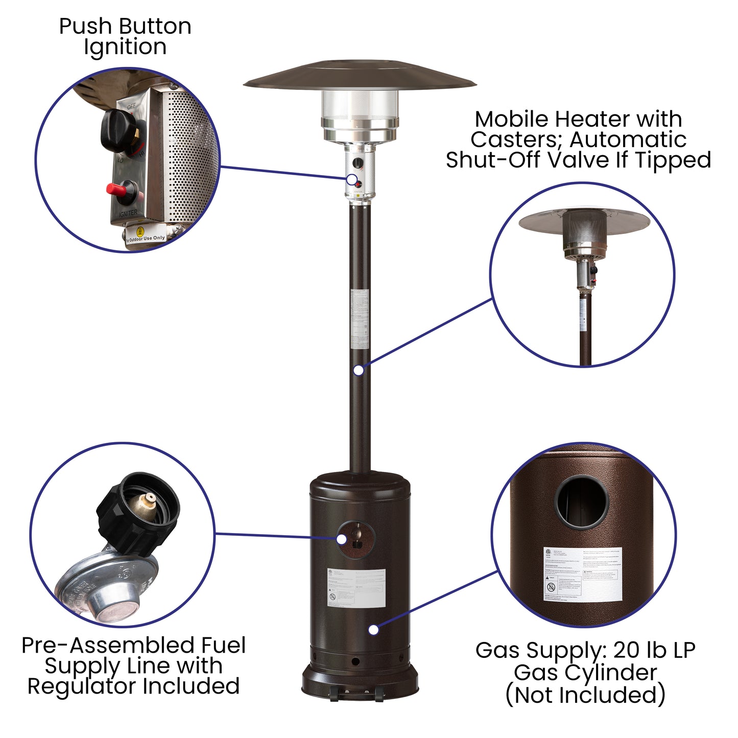 Sol Patio Outdoor Heating-Bronze Stainless Steel 40,000 BTU Propane Heater with Wheels-Commercial & Residential Use-7.5 Feet Tall Bronze