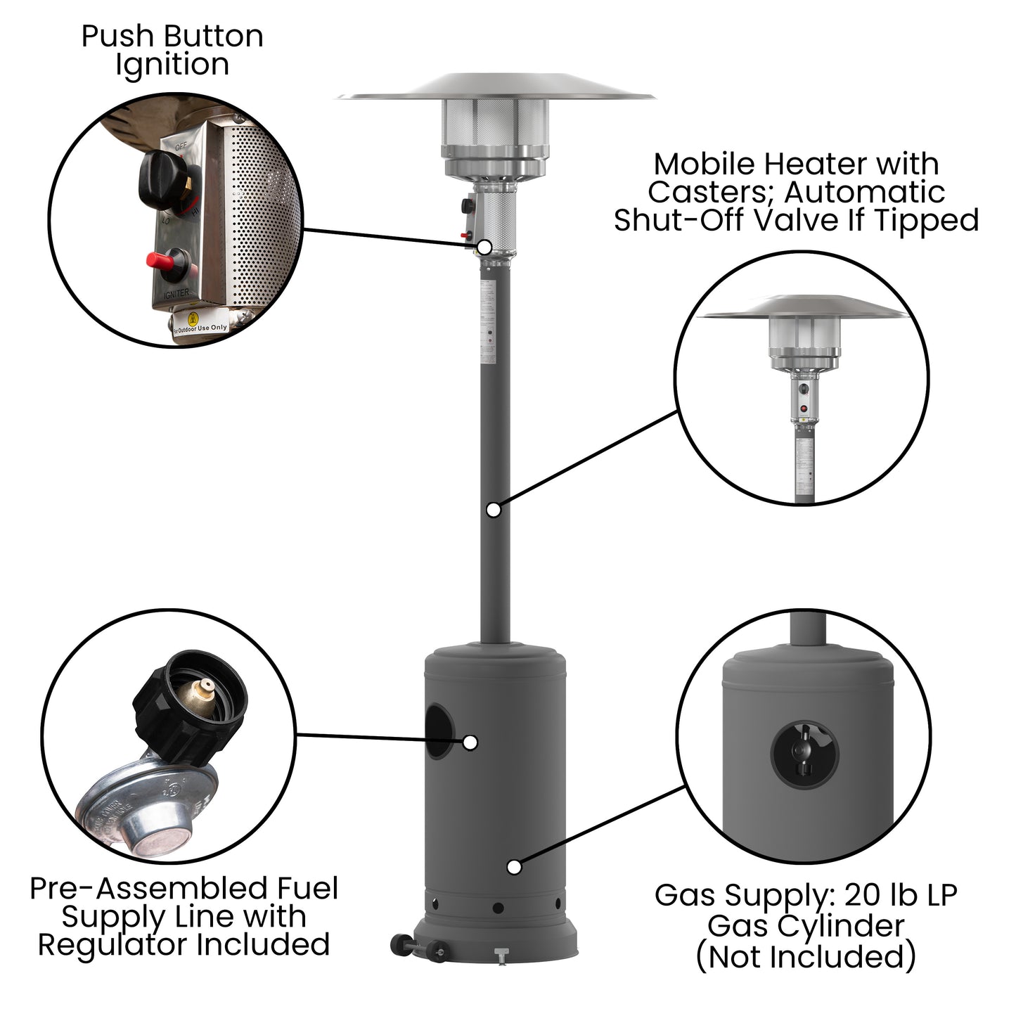 Sol Patio Outdoor Heating-Slate Gray Stainless Steel 40,000 BTU Propane Heater with Wheels-Commercial & Residential Use-7.5 Feet Tall Slate Gray