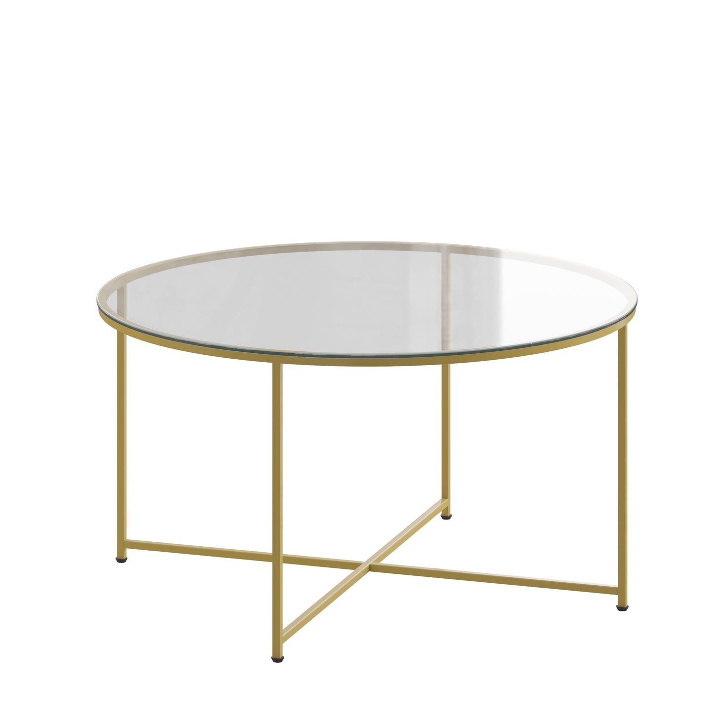 Greenwich Collection Coffee Table - Modern Clear Glass Accent Table with Crisscross Brushed Gold Frame Clear Top/Brushed Gold Frame