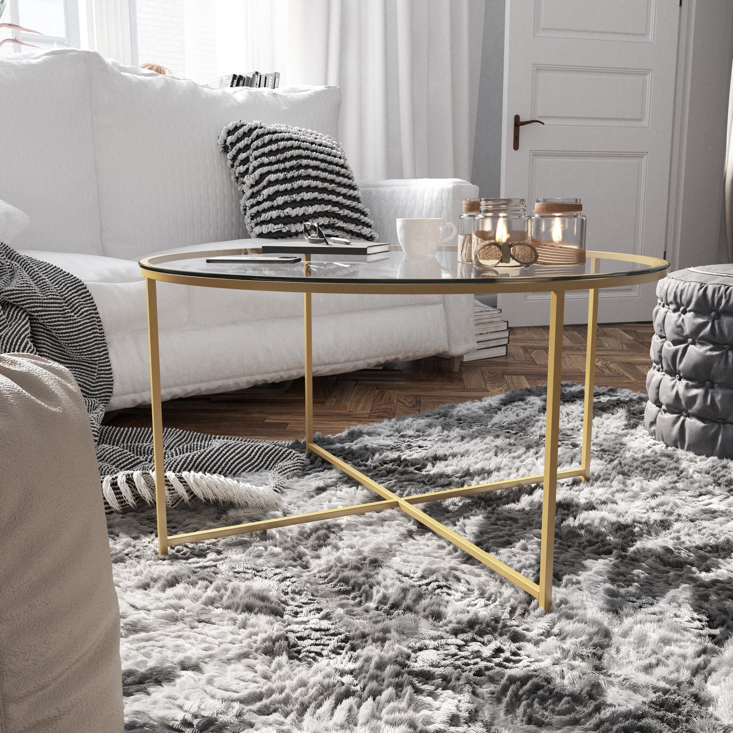 Greenwich Collection Coffee Table - Modern Clear Glass Accent Table with Crisscross Brushed Gold Frame Clear Top/Brushed Gold Frame