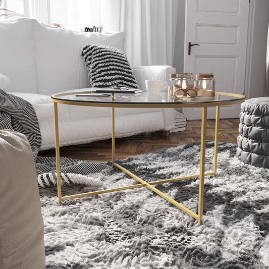 Greenwich Collection Coffee Table - Modern Clear Glass Accent Table with Crisscross Brushed Gold Frame Clear Top/Brushed Gold Frame NAN-JH-1786CT-GG