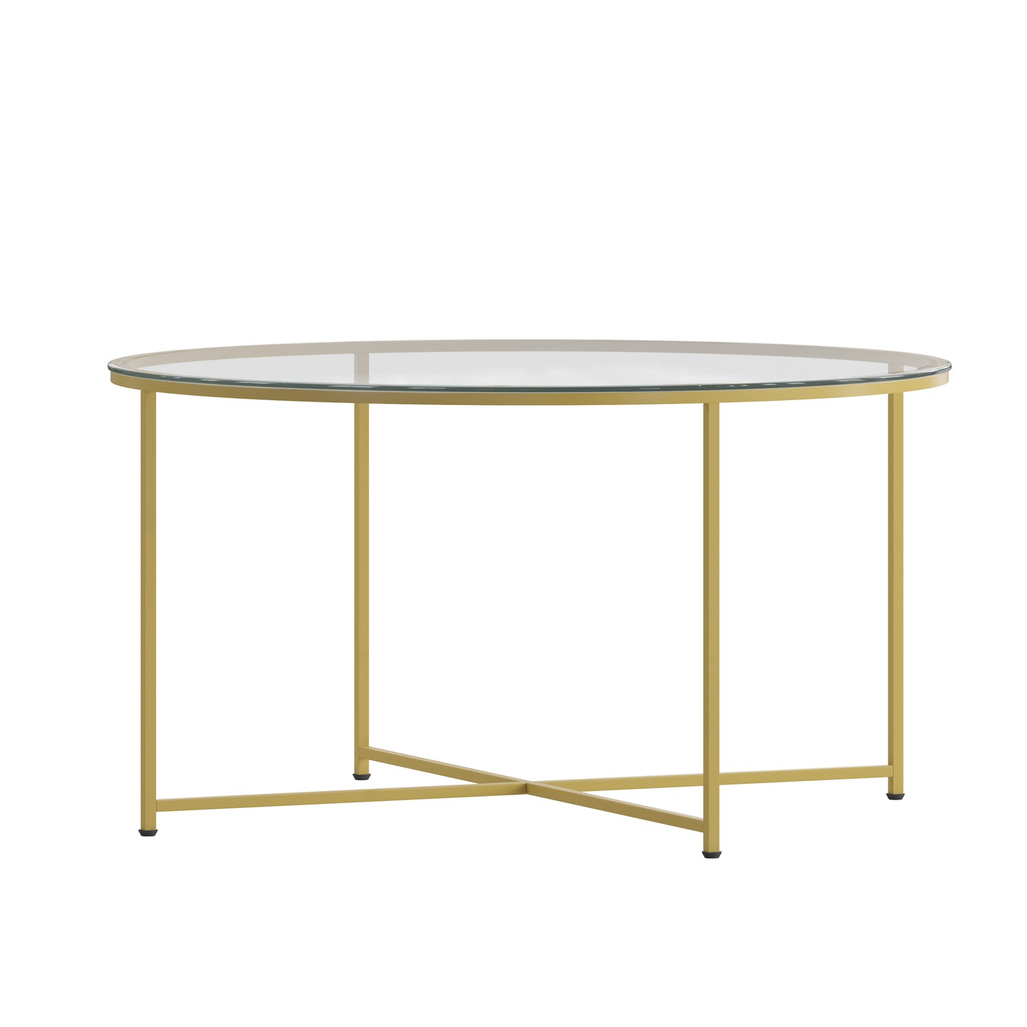 Greenwich Collection Coffee Table - Modern Clear Glass Accent Table with Crisscross Brushed Gold Frame Clear Top/Brushed Gold Frame