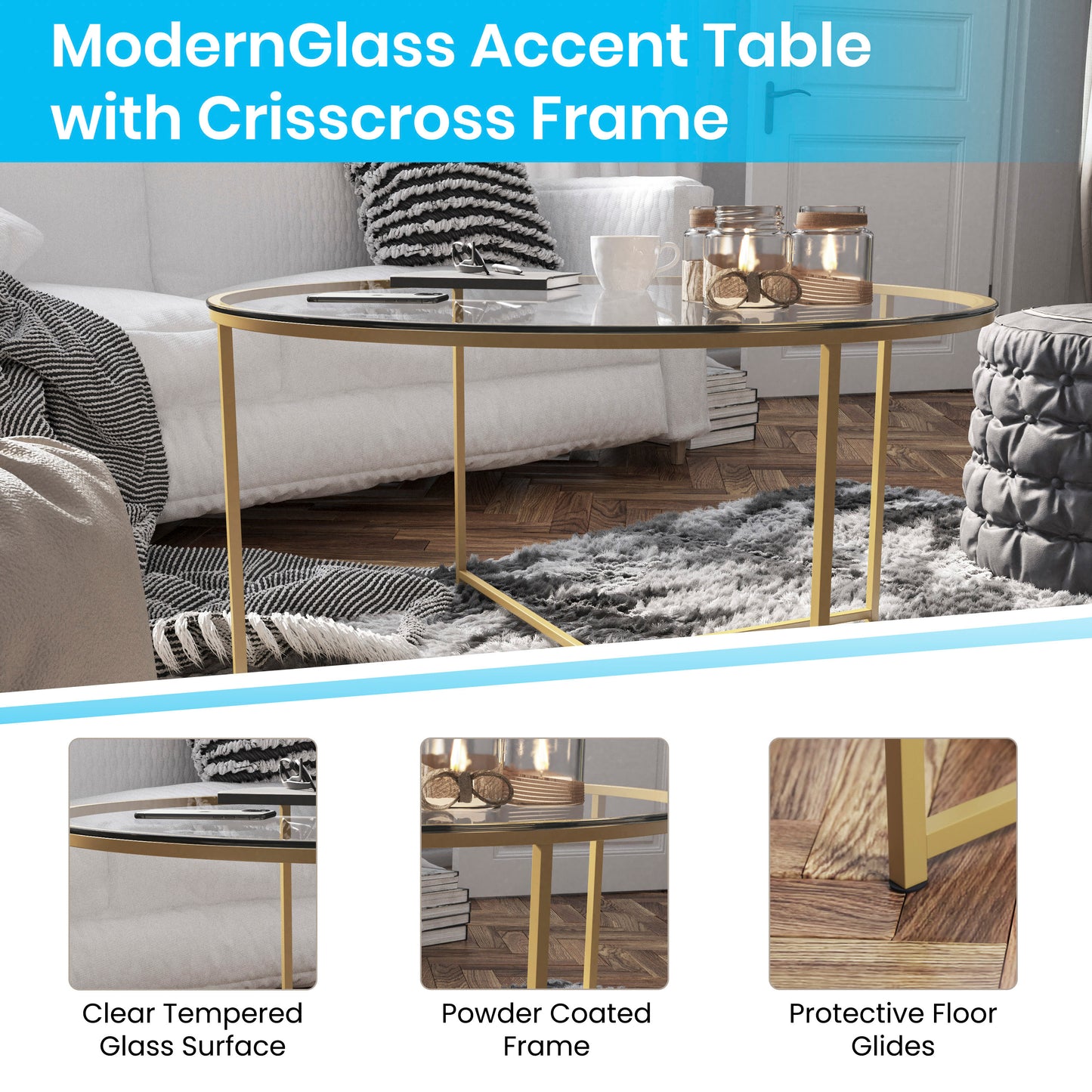 Greenwich Collection Coffee Table - Modern Clear Glass Accent Table with Crisscross Brushed Gold Frame Clear Top/Brushed Gold Frame