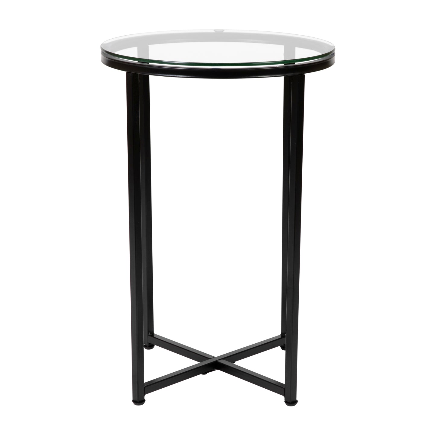 Greenwich Collection End Table - Modern Clear Glass Accent Table with Crisscross Matte Black Frame Clear Top/Matte Black Frame