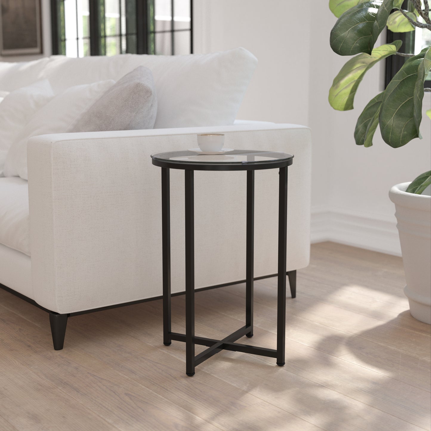 Greenwich Collection End Table - Modern Clear Glass Accent Table with Crisscross Matte Black Frame Clear Top/Matte Black Frame