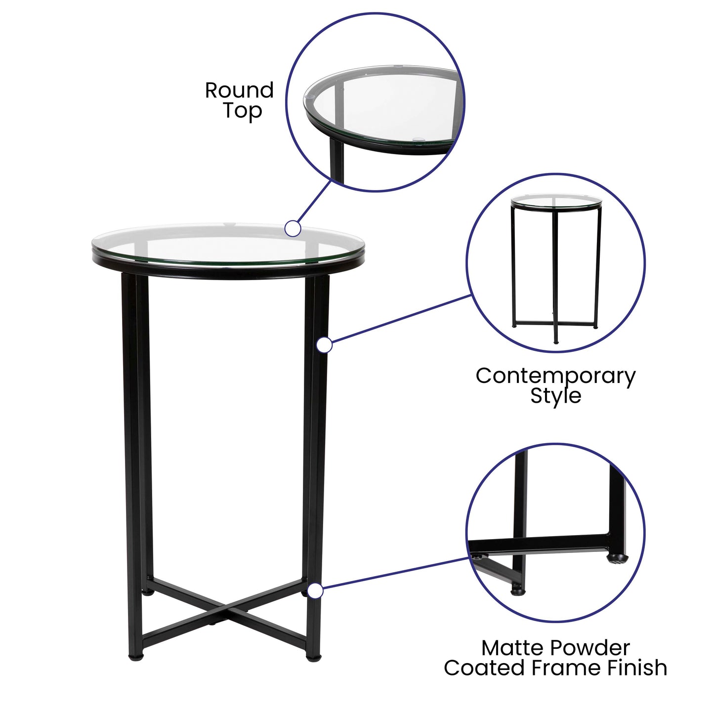Greenwich Collection End Table - Modern Clear Glass Accent Table with Crisscross Matte Black Frame Clear Top/Matte Black Frame