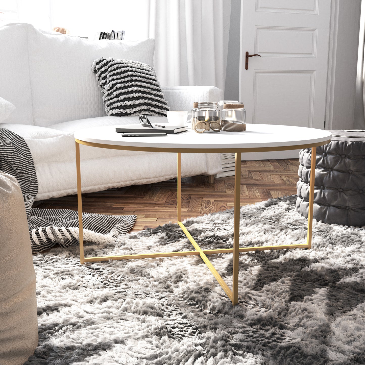 Hampstead Collection Coffee Table - Modern White Finish Accent Table with Crisscross Brushed Gold Frame White Top/Brushed Gold Frame NAN-JH-1787CT-GG