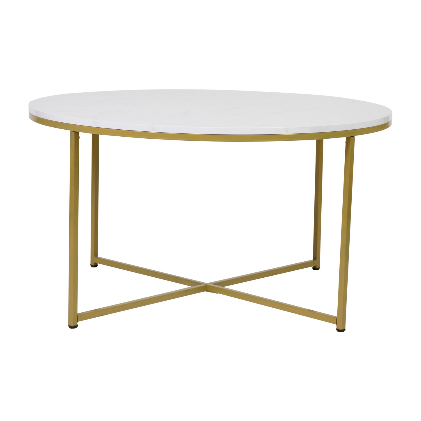 Hampstead Collection Coffee Table - Modern White Marble Finish Accent Table with Crisscross Brushed Gold Frame White Marble Top/Brushed Gold Frame