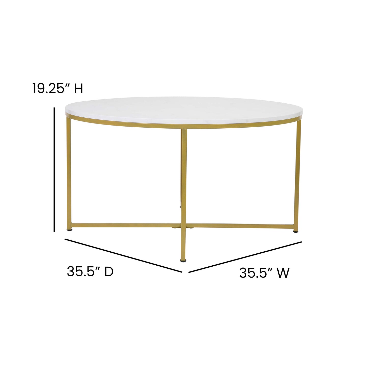 Hampstead Collection Coffee Table - Modern White Marble Finish Accent Table with Crisscross Brushed Gold Frame White Marble Top/Brushed Gold Frame