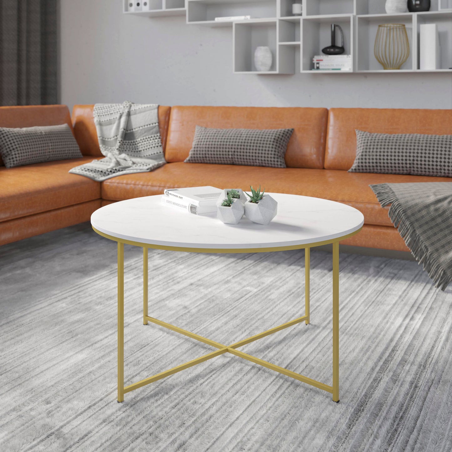 Hampstead Collection Coffee Table - Modern White Marble Finish Accent Table with Crisscross Brushed Gold Frame White Marble Top/Brushed Gold Frame