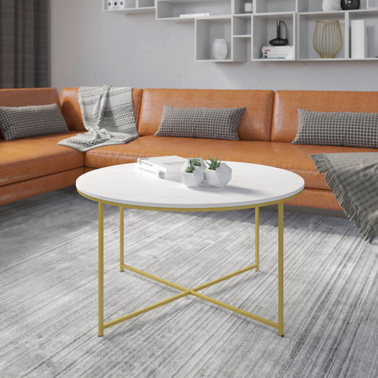 Hampstead Collection Coffee Table - Modern White Marble Finish Accent Table with Crisscross Brushed Gold Frame White Marble Top/Brushed Gold Frame NAN-JH-1787CT-MRBL-GG