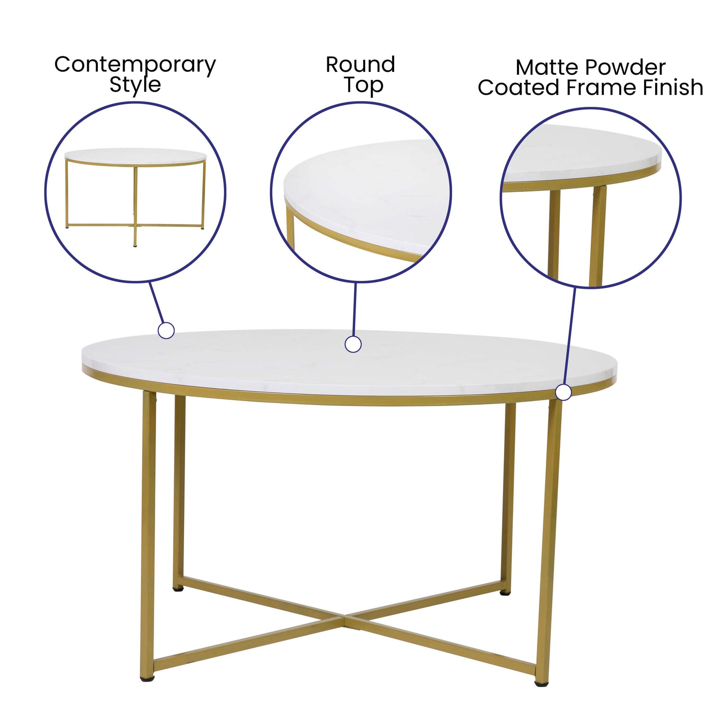 Hampstead Collection Coffee Table - Modern White Marble Finish Accent Table with Crisscross Brushed Gold Frame White Marble Top/Brushed Gold Frame