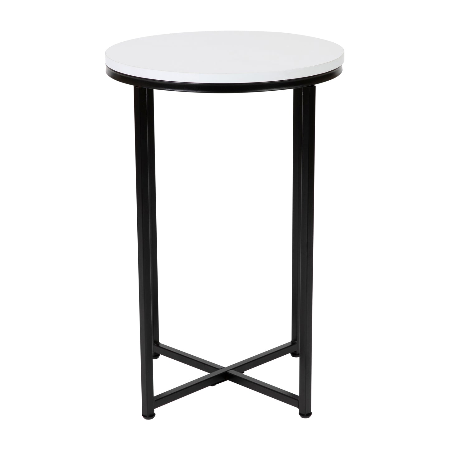 Hampstead Collection End Table - Modern White Finish Accent Table with Crisscross Matte Black Frame White Top/Matte Black Frame