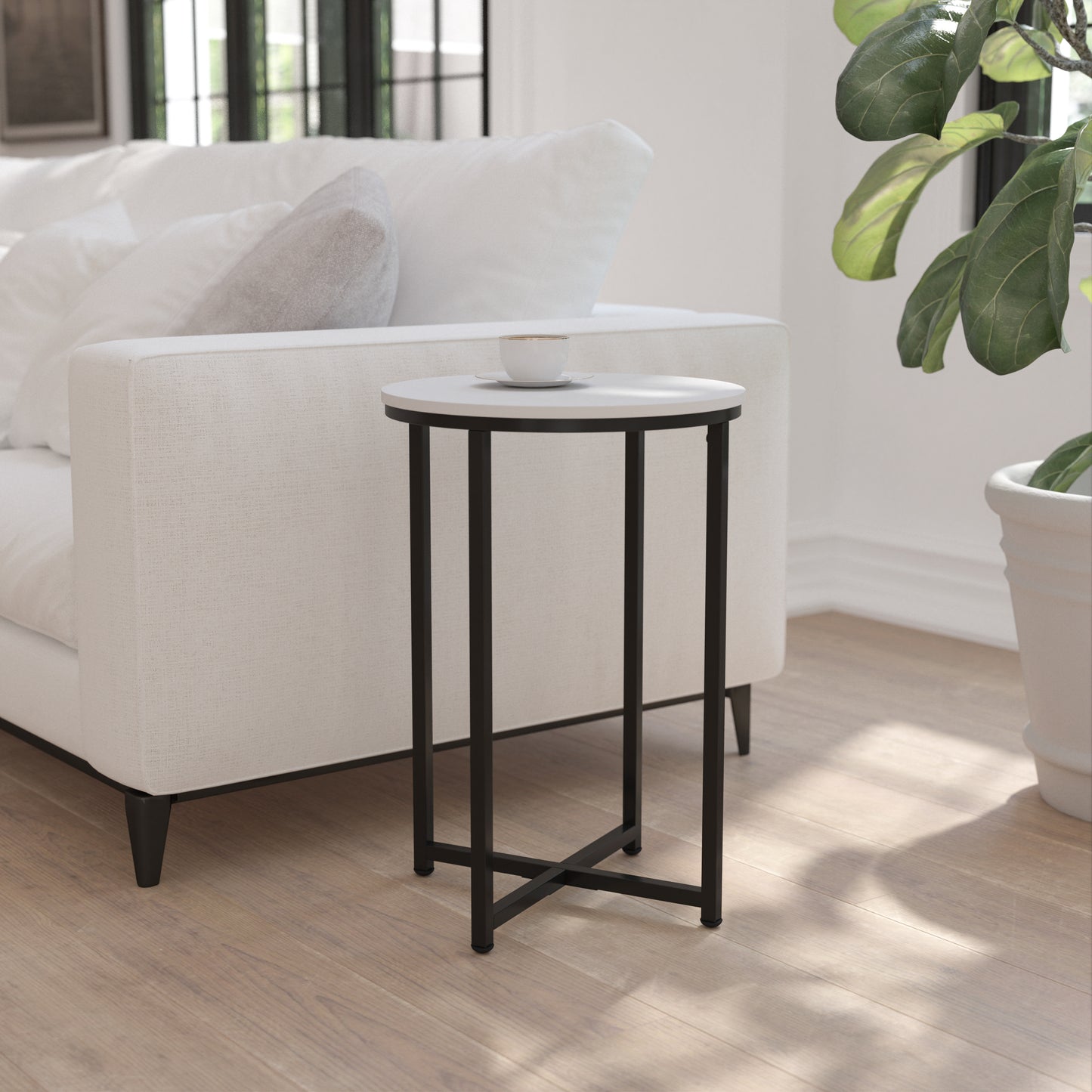 Hampstead Collection End Table - Modern White Finish Accent Table with Crisscross Matte Black Frame White Top/Matte Black Frame