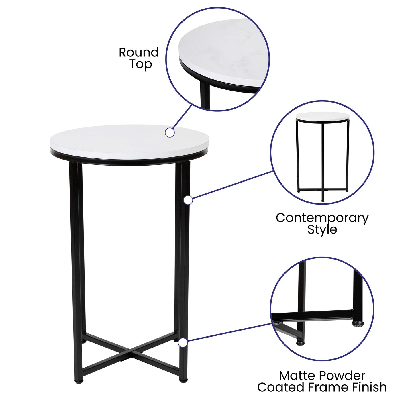 Hampstead Collection End Table - Modern White Finish Accent Table with Crisscross Matte Black Frame White Top/Matte Black Frame