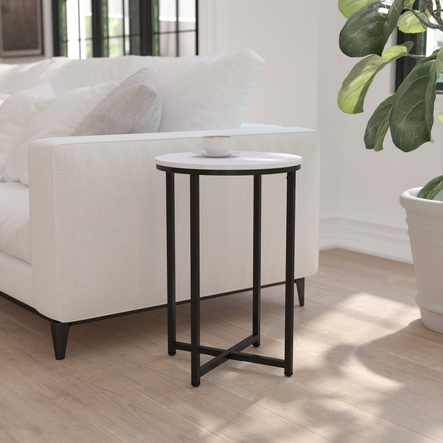Hampstead Collection End Table - Modern White Marble Finish Accent Table with Crisscross Matte Black Frame White Marble Top/Matte Black Frame NAN-JH-1787ET-MRBL-BK-GG