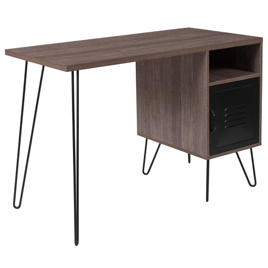 Woodridge Collection Rustic Wood Grain Finish Computer Desk with Metal Cabinet Door and Black Metal Legs Rustic NAN-JN-21735T-GG