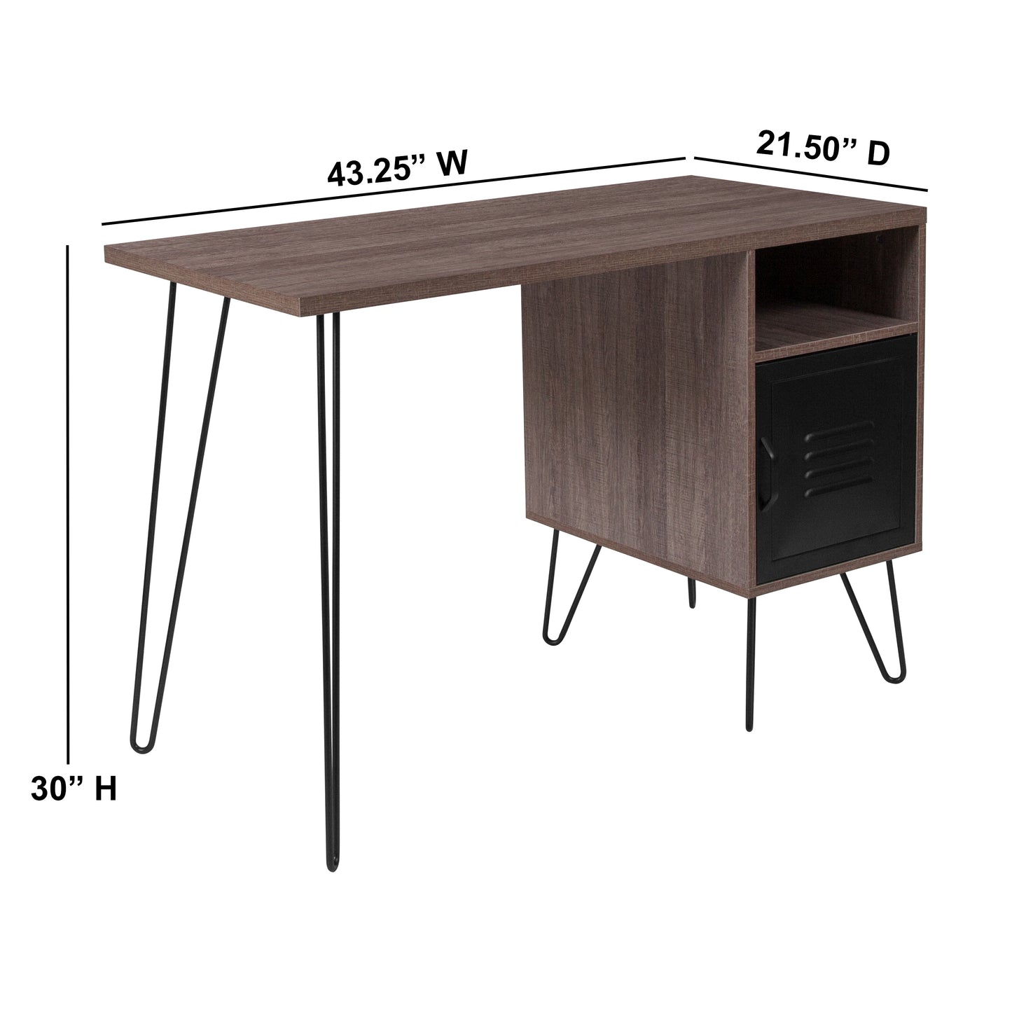 Woodridge Collection Rustic Wood Grain Finish Computer Desk with Metal Cabinet Door and Black Metal Legs Rustic