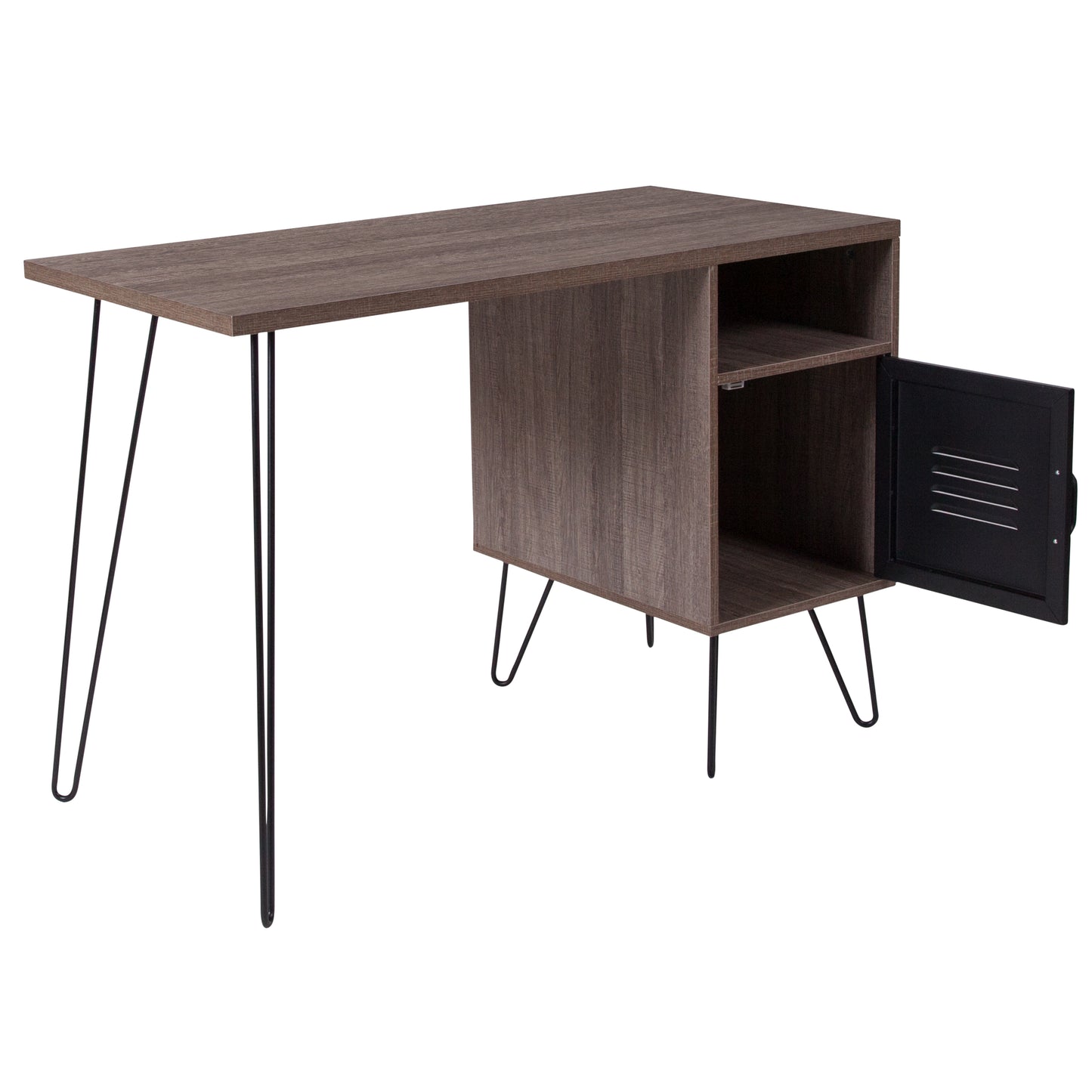 Woodridge Collection Rustic Wood Grain Finish Computer Desk with Metal Cabinet Door and Black Metal Legs Rustic