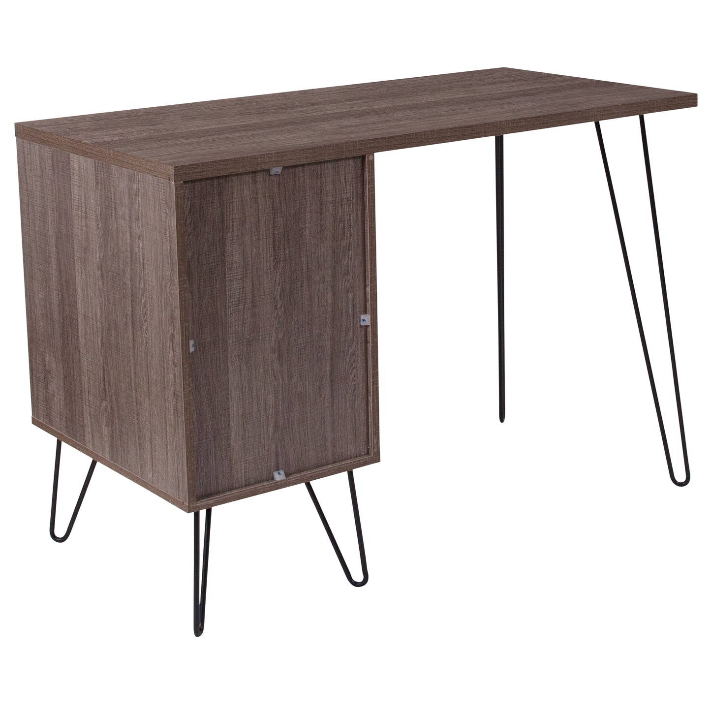 Woodridge Collection Rustic Wood Grain Finish Computer Desk with Metal Cabinet Door and Black Metal Legs Rustic