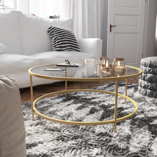 Astoria Collection Round Coffee Table - Modern Clear Glass Coffee Table with Brushed Gold Frame Clear Top/Brushed Gold Frame NAN-JN-21750CT-GG