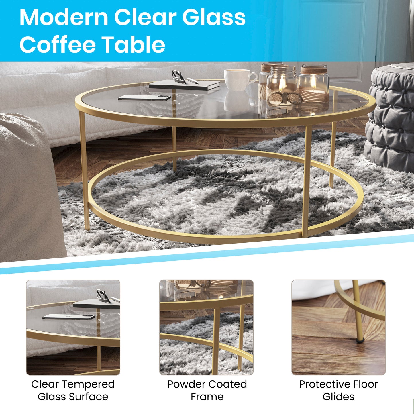 Astoria Collection Round Coffee Table - Modern Clear Glass Coffee Table with Brushed Gold Frame Clear Top/Brushed Gold Frame