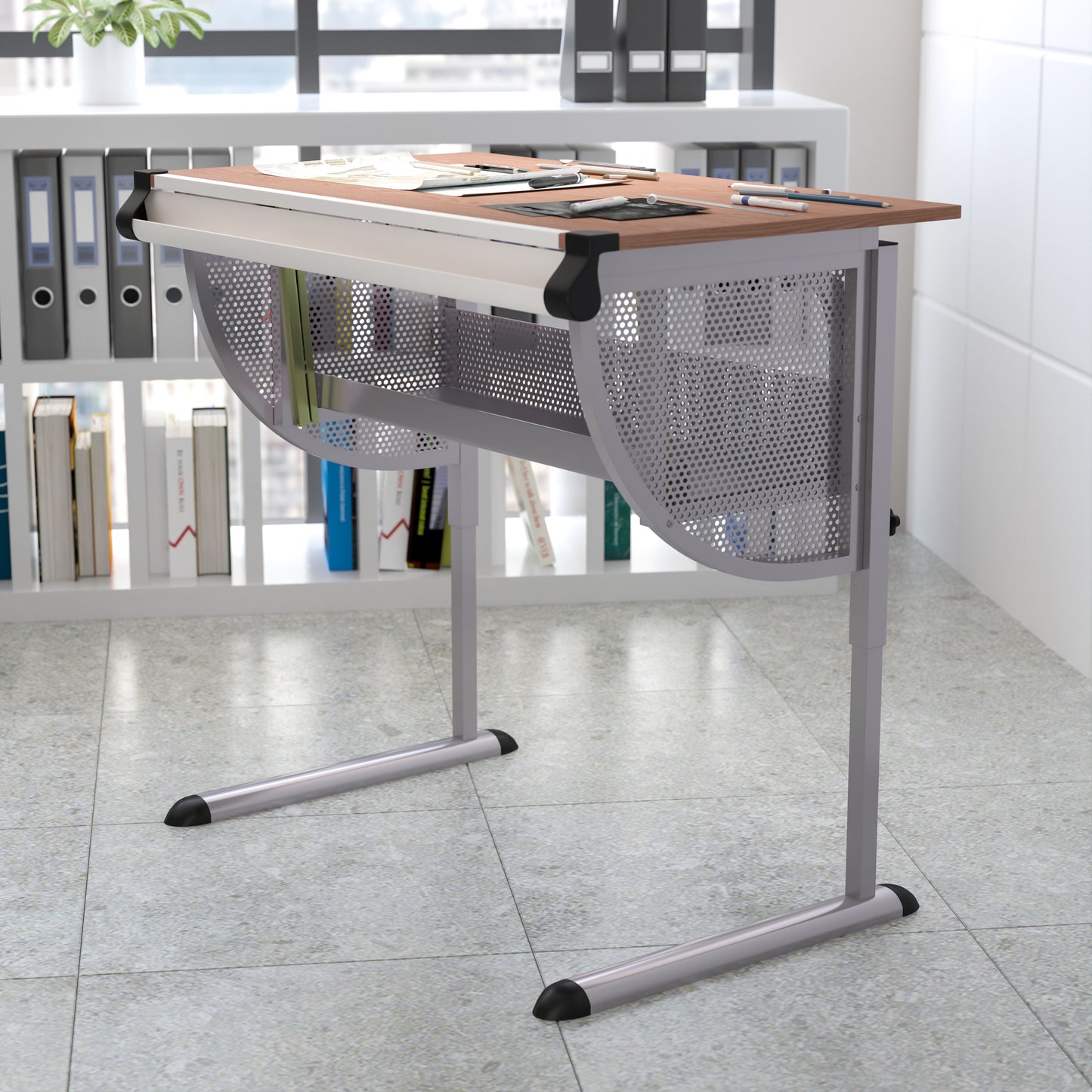 Berkley Adjustable Drawing and Drafting Table with Pewter Frame Cherry NAN-JN-2433-GG