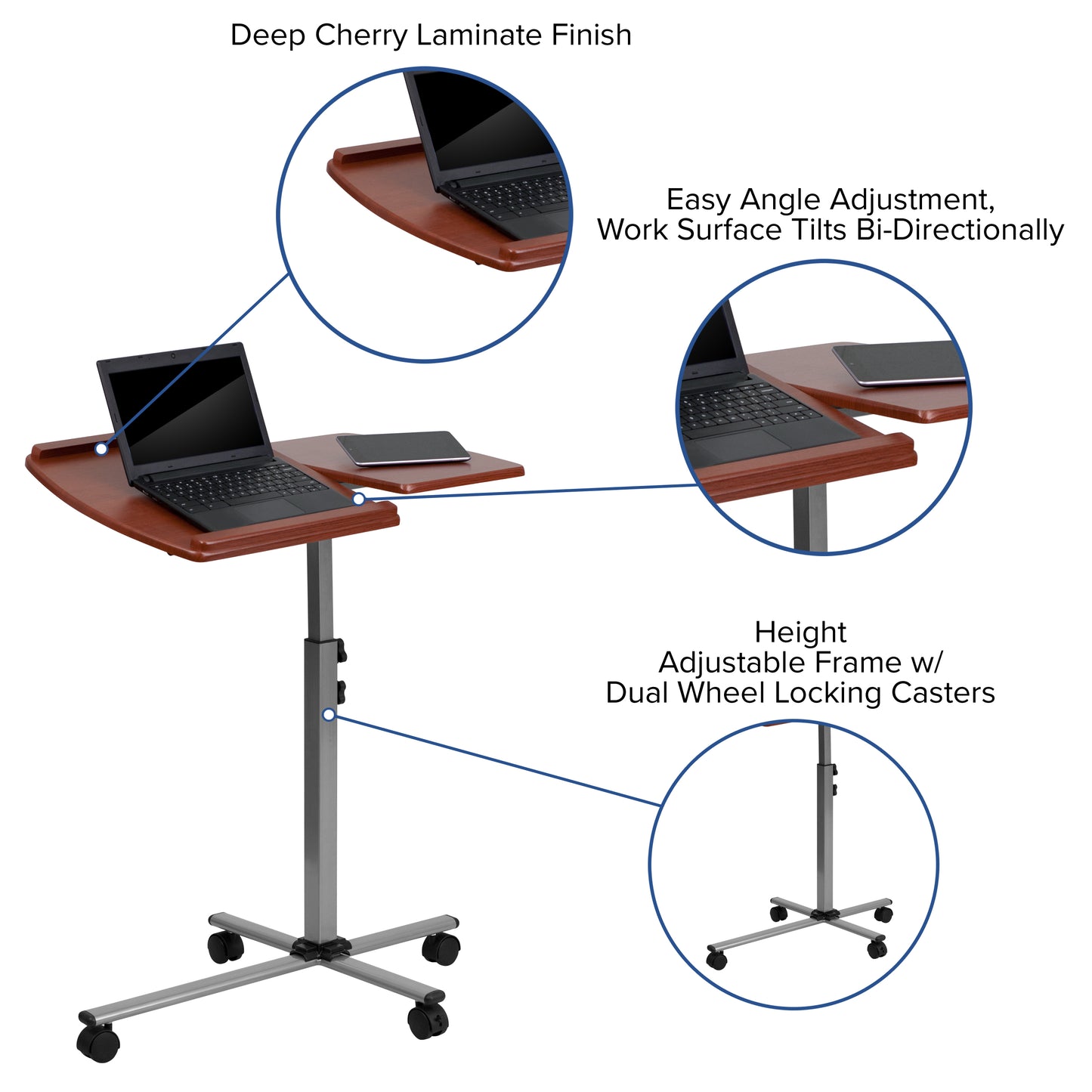 Dunbar Angle and Height Adjustable Mobile Laptop Computer Table with Cherry Top Cherry NAN-JN-2762-GG