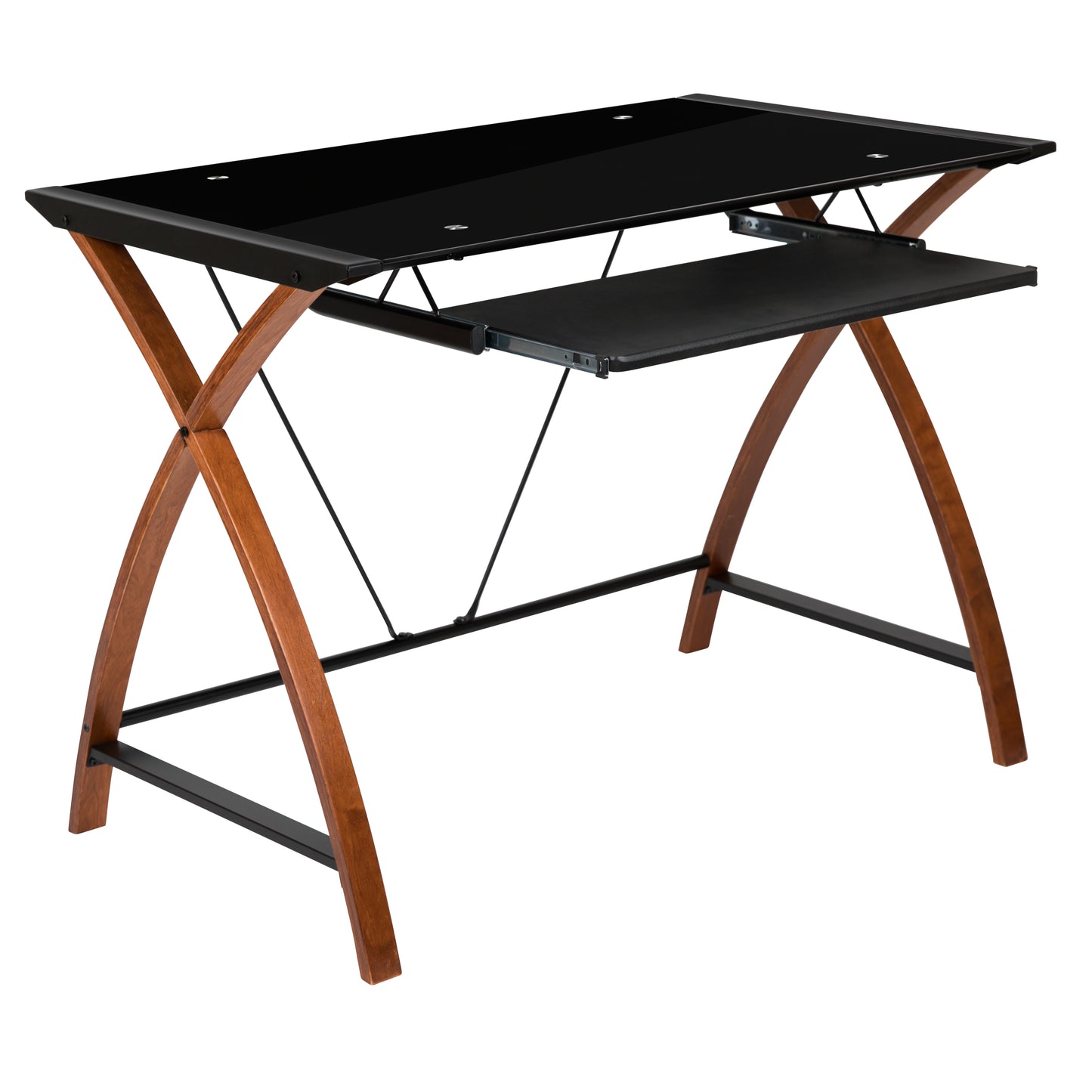Jude Black Glass Computer Desk with Pull-Out Keyboard Tray and Crisscross Frame Black Top/Cherry Frame