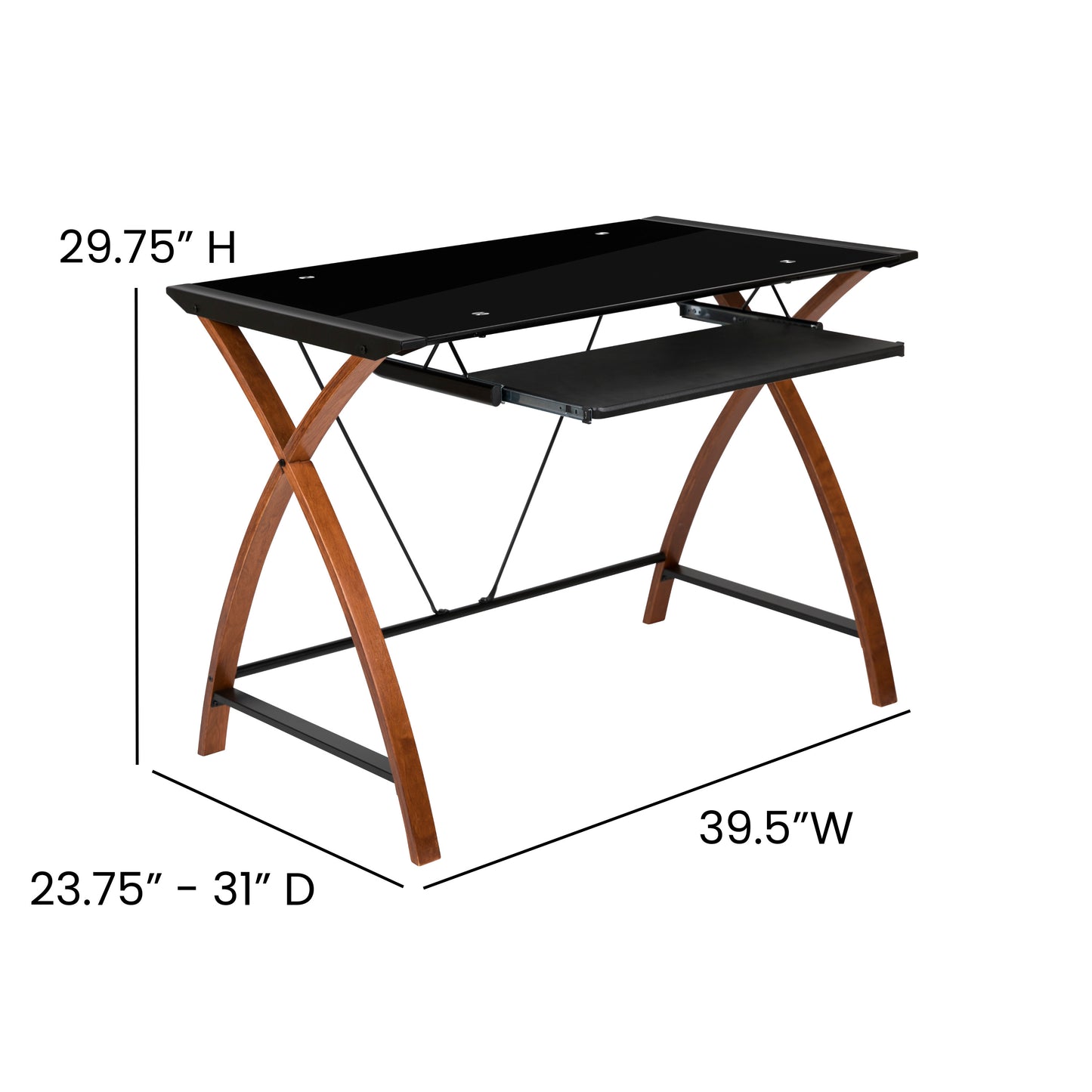 Jude Black Glass Computer Desk with Pull-Out Keyboard Tray and Crisscross Frame Black Top/Cherry Frame