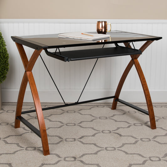 Jude Black Glass Computer Desk with Pull-Out Keyboard Tray and Crisscross Frame Black Top/Cherry Frame NAN-JN-2824S-BK-GG