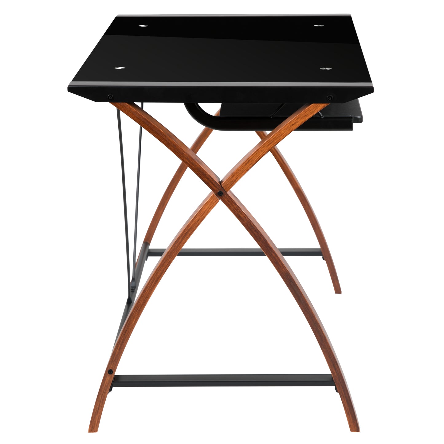 Jude Black Glass Computer Desk with Pull-Out Keyboard Tray and Crisscross Frame Black Top/Cherry Frame