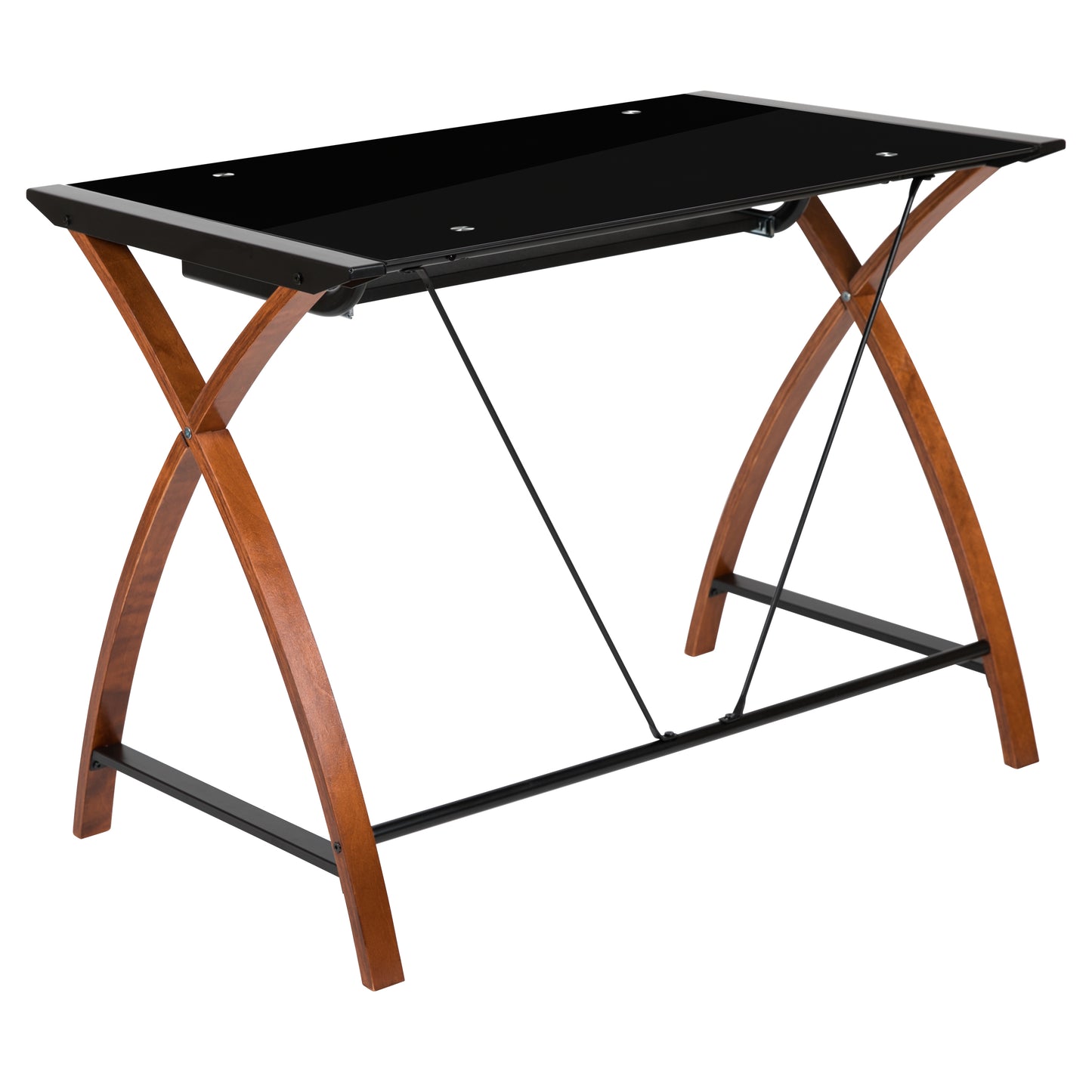 Jude Black Glass Computer Desk with Pull-Out Keyboard Tray and Crisscross Frame Black Top/Cherry Frame