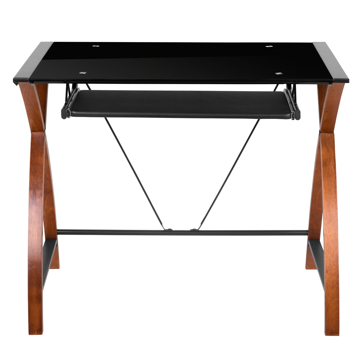 Jude Black Glass Computer Desk with Pull-Out Keyboard Tray and Crisscross Frame Black Top/Cherry Frame