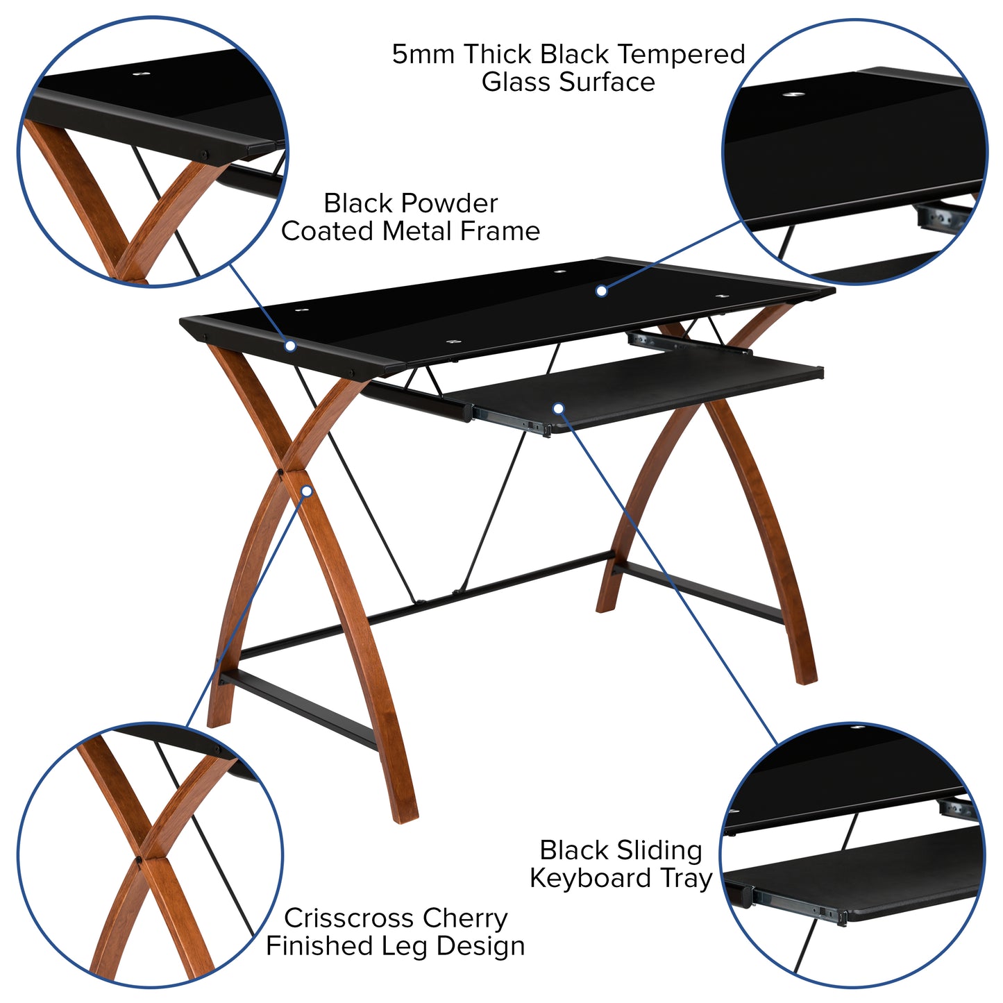 Jude Black Glass Computer Desk with Pull-Out Keyboard Tray and Crisscross Frame Black Top/Cherry Frame