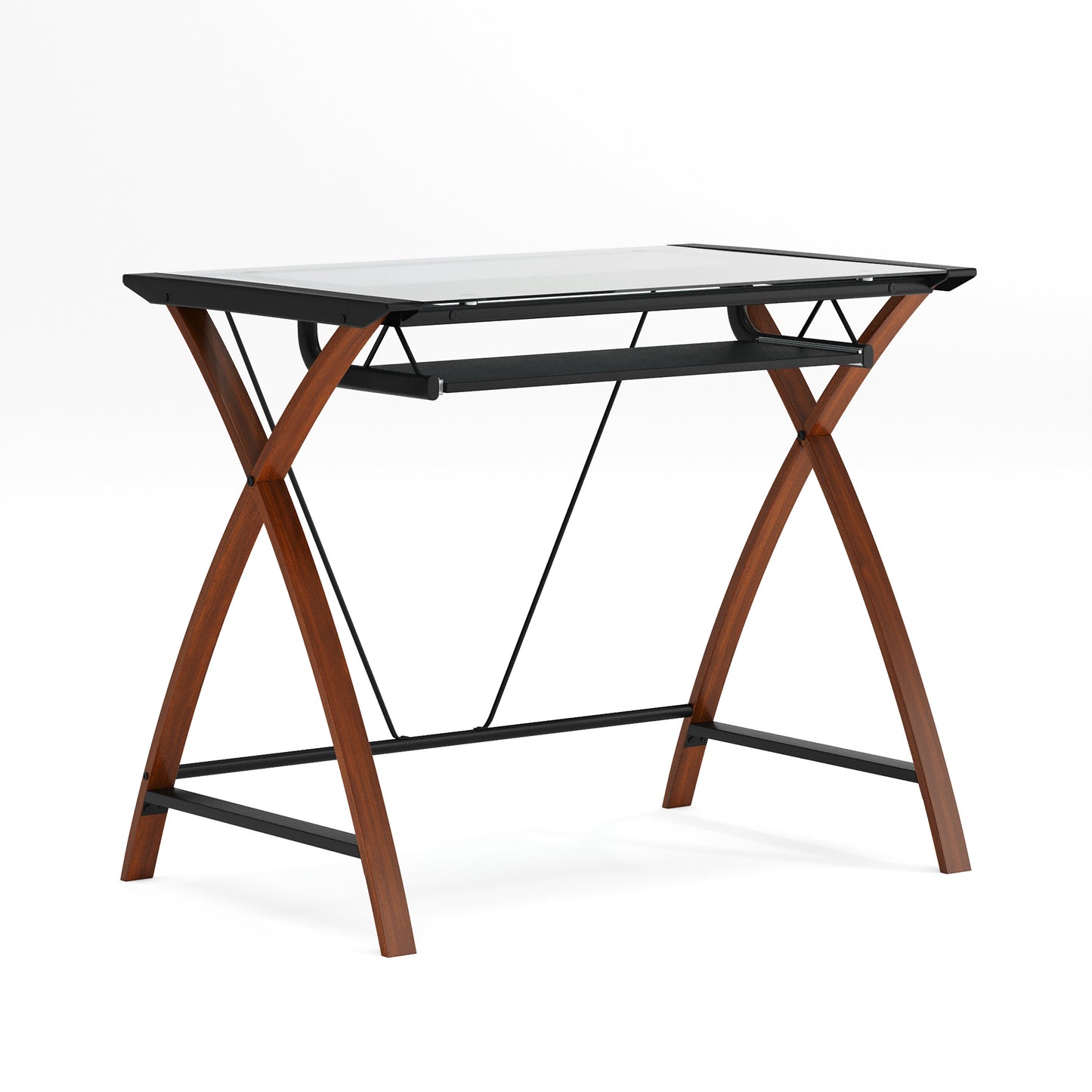 Jude Glass Computer Desk with Pull-Out Keyboard Tray and Crisscross Frame Clear Top/Cherry Frame