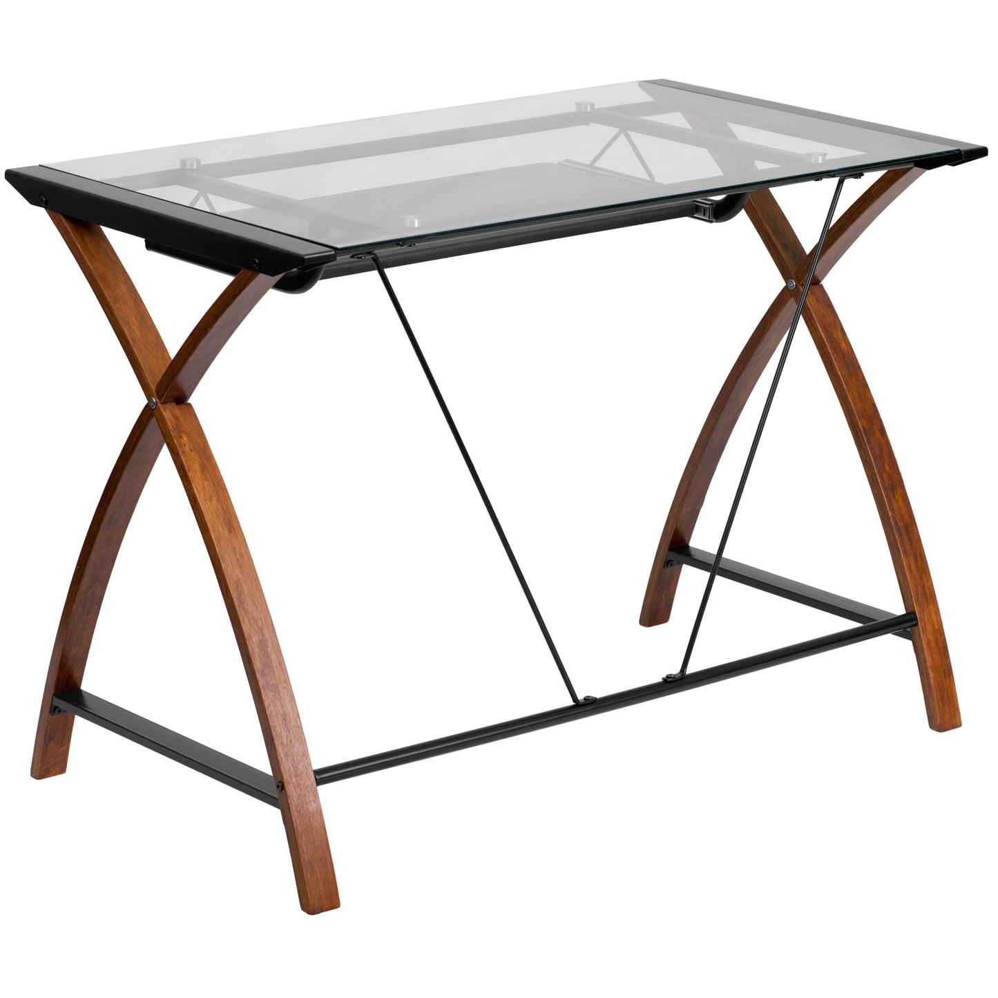 Jude Glass Computer Desk with Pull-Out Keyboard Tray and Crisscross Frame Clear Top/Cherry Frame