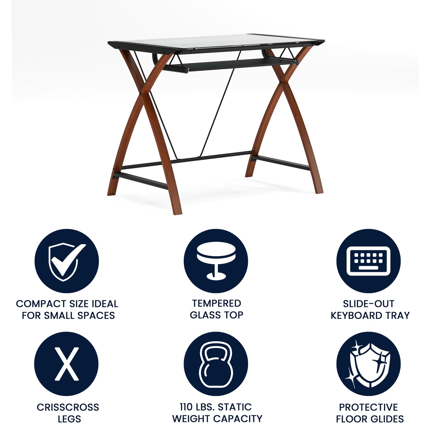 Jude Glass Computer Desk with Pull-Out Keyboard Tray and Crisscross Frame Clear Top/Cherry Frame