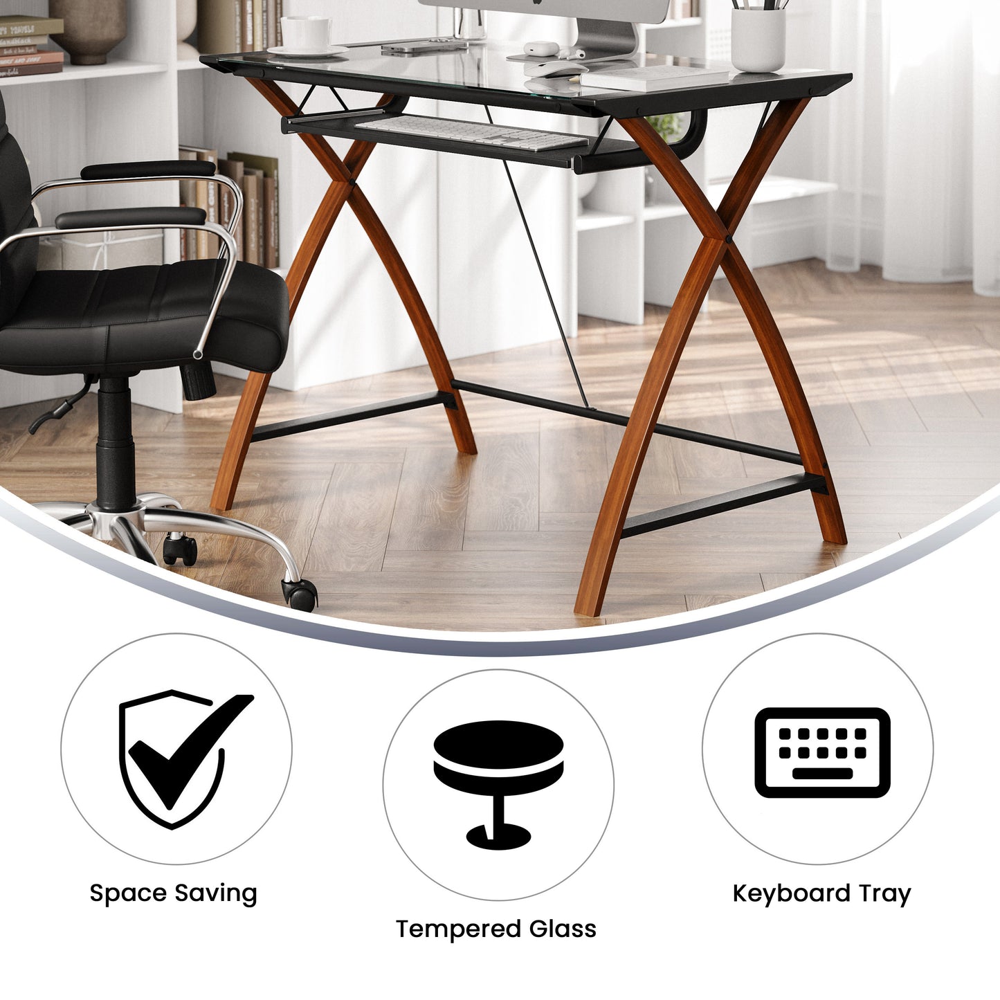Jude Glass Computer Desk with Pull-Out Keyboard Tray and Crisscross Frame Clear Top/Cherry Frame