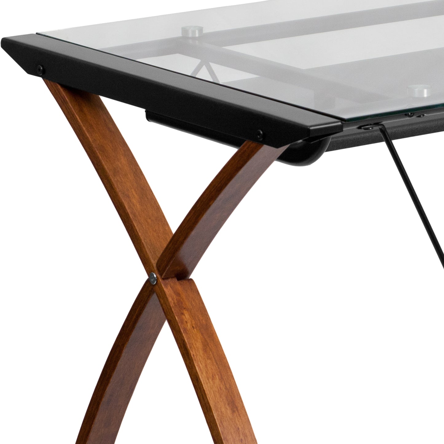 Jude Glass Computer Desk with Pull-Out Keyboard Tray and Crisscross Frame Clear Top/Cherry Frame