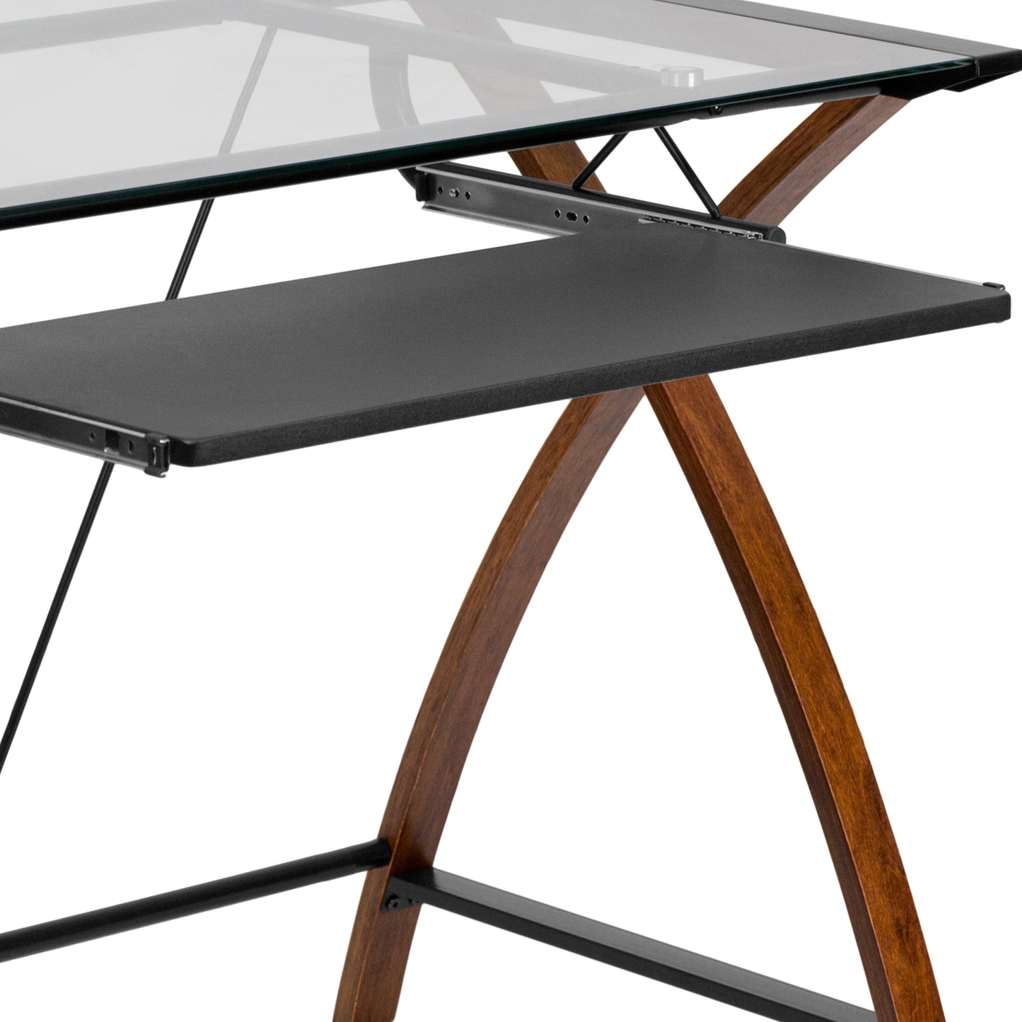 Jude Glass Computer Desk with Pull-Out Keyboard Tray and Crisscross Frame Clear Top/Cherry Frame