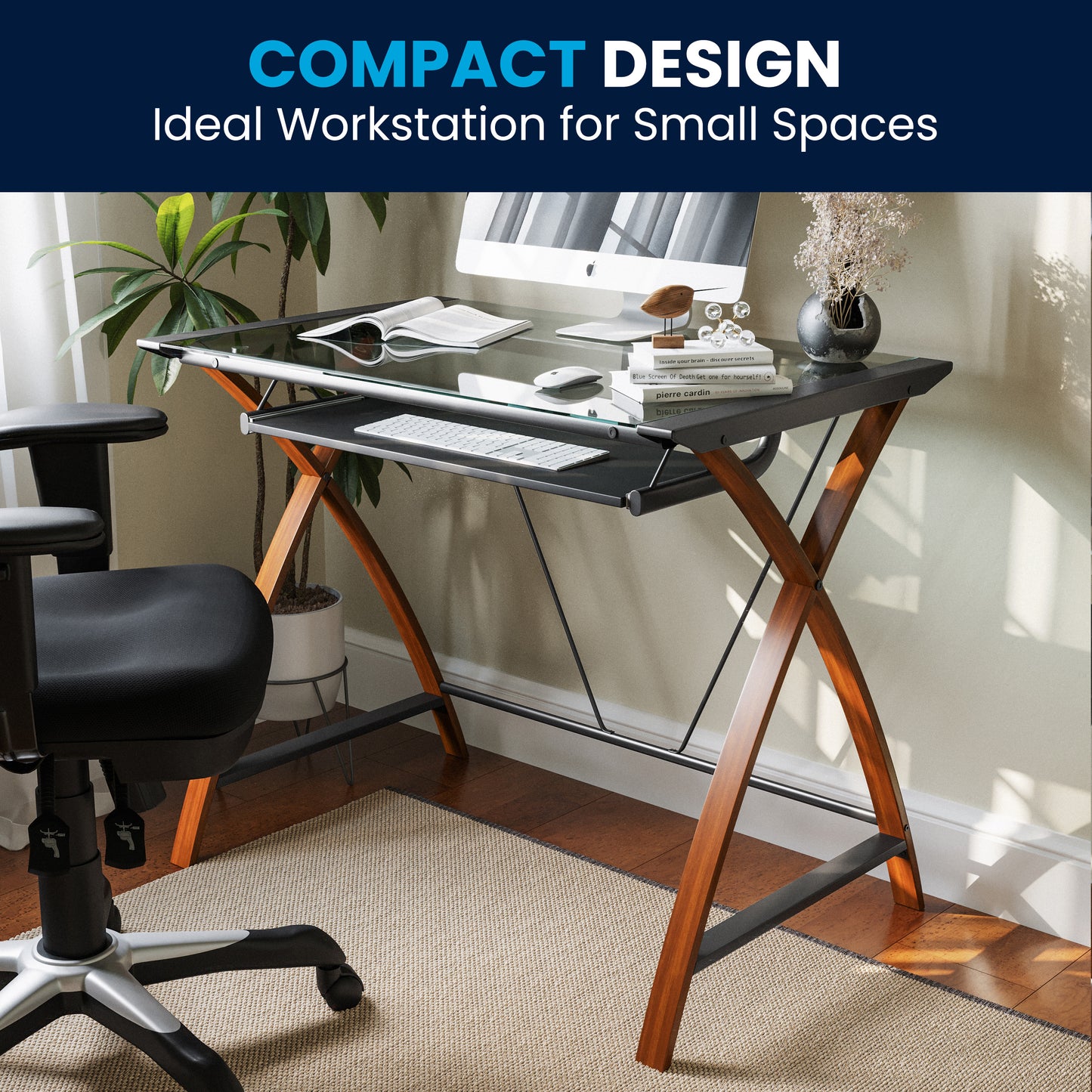 Jude Glass Computer Desk with Pull-Out Keyboard Tray and Crisscross Frame Clear Top/Cherry Frame