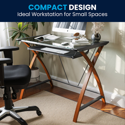 Jude Glass Computer Desk with Pull-Out Keyboard Tray and Crisscross Frame Clear Top/Cherry Frame NAN-JN-2824S-GG