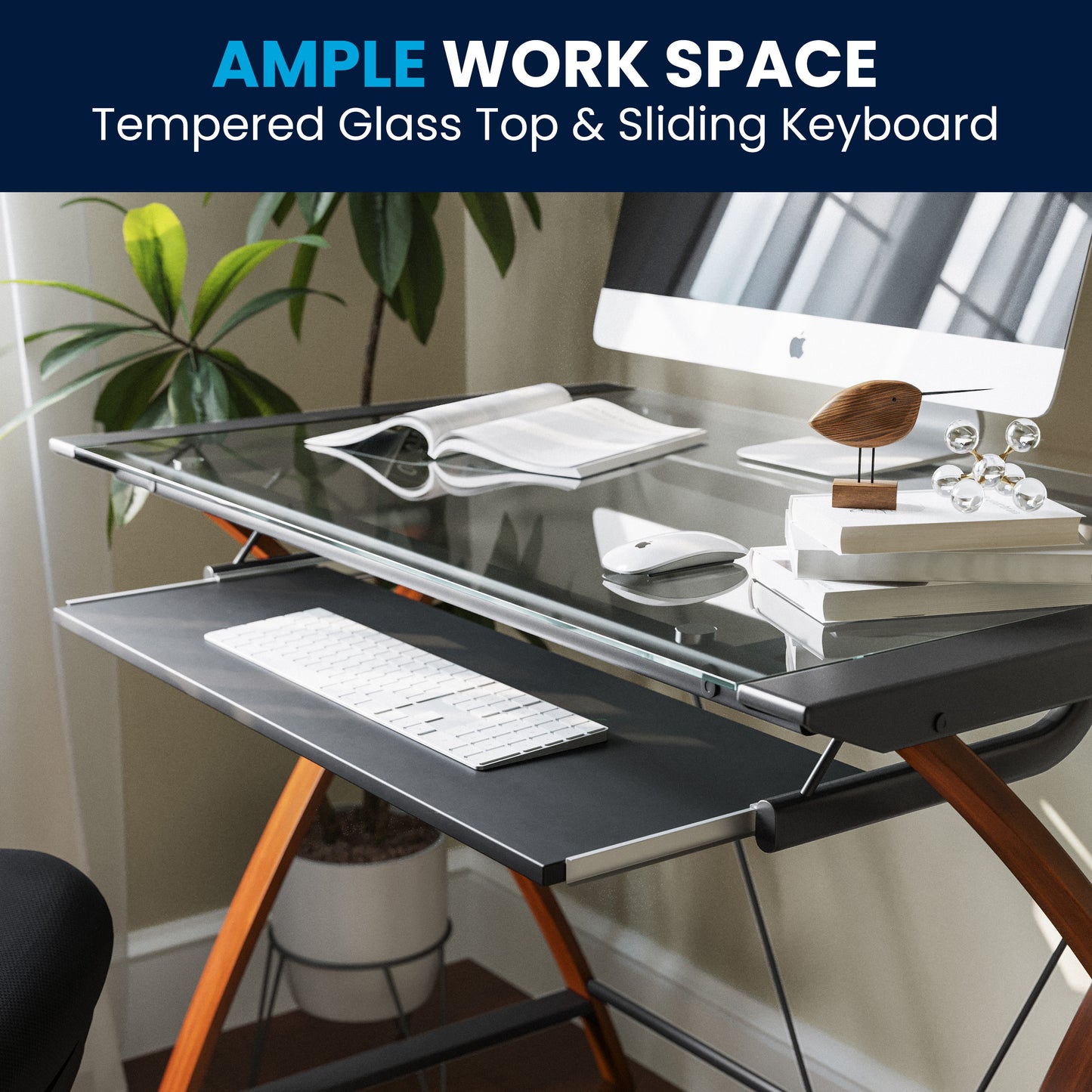 Jude Glass Computer Desk with Pull-Out Keyboard Tray and Crisscross Frame Clear Top/Cherry Frame